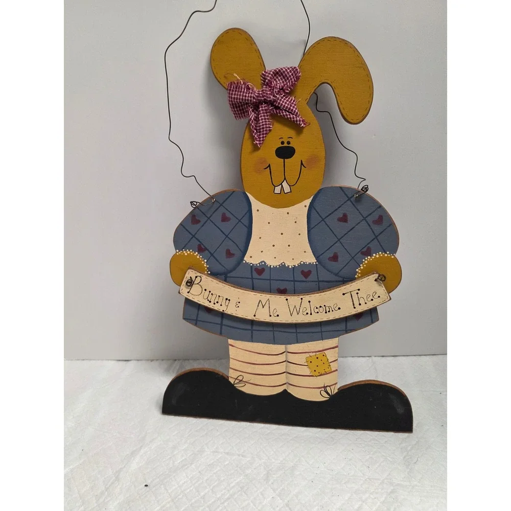 Vintage Primitive Wooden Wall Hanging Decor Bunny Harvest Angel Folk Art 3pc Set